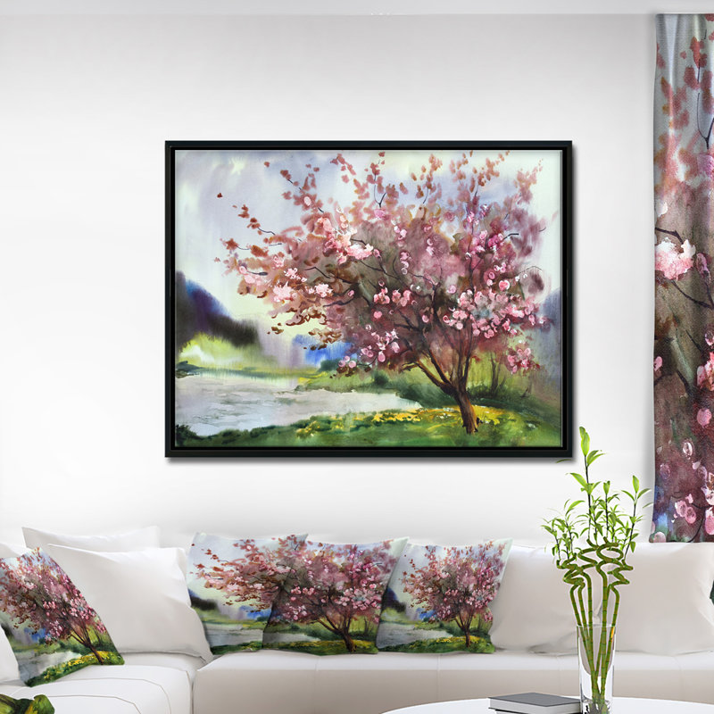 Arbre avec fleurs printanières - reproduction d'art, H 12 po x l 20 po x P 1 po, Toile avec cadre flottant