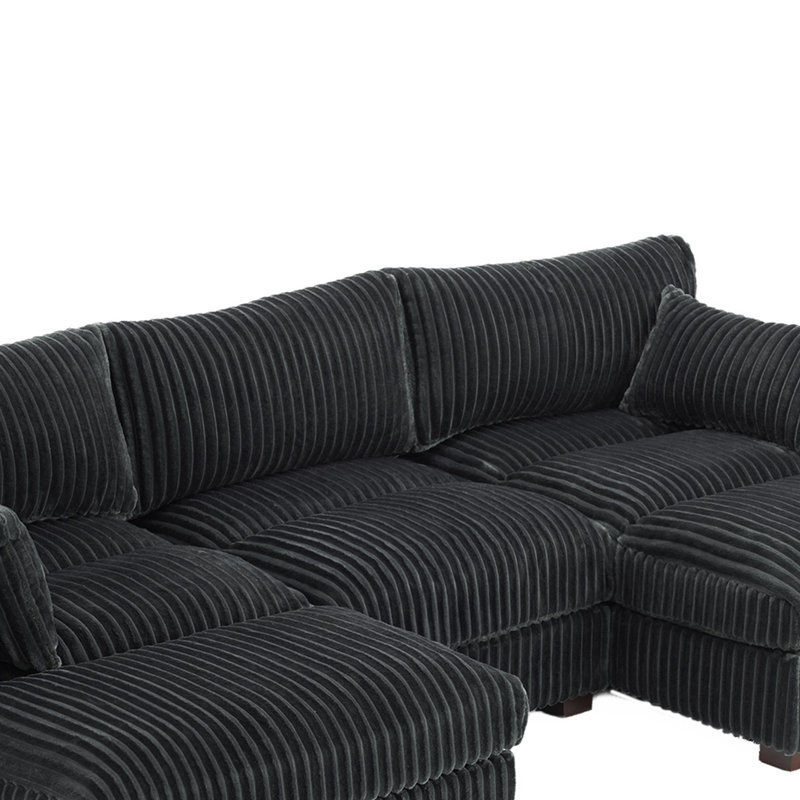 3 - Piece Upholstered Gray Faux Rabbit Fur Flannel Reversible Modular Sofa Living Room Sectional Couch with Pillows
