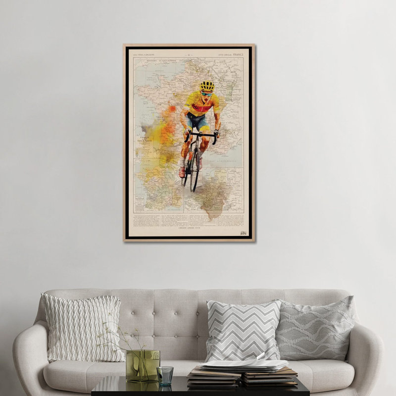 Tour de France, aquarelle, Toile avec cadre flottant en bois naturel, Pas de tapis, H 48 po x l 32 po x P 1,5 po