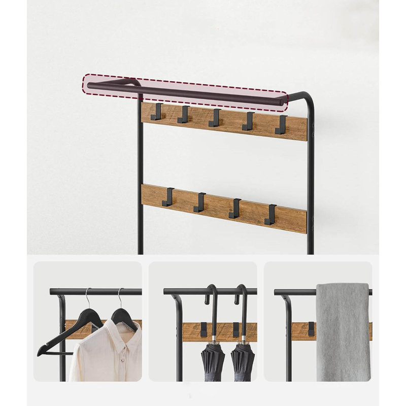 Metal Freestanding 9 - Hook Coat Rack, Rustic Walnut/Black