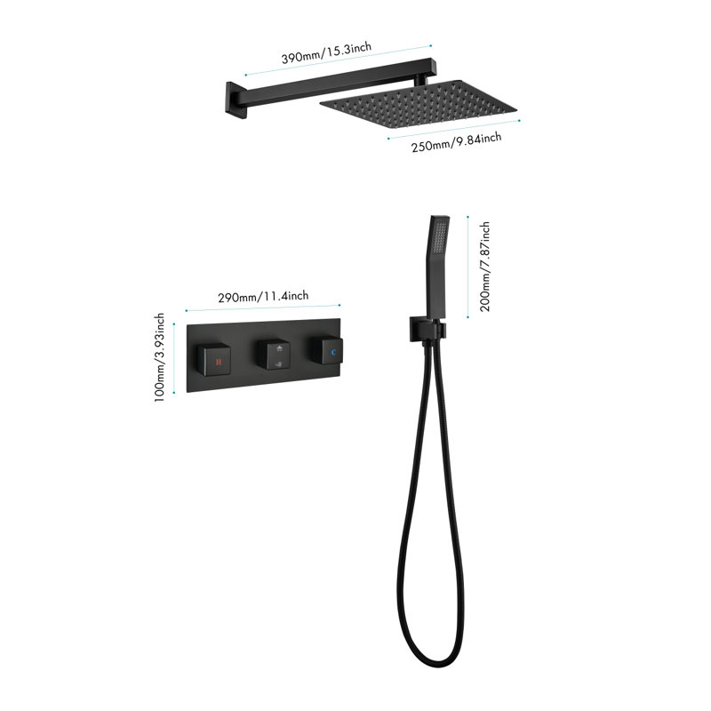 Ensemble de robinet de douche en laiton noir mat avec système de douche 10 pouces avec douchette avec douchette à main