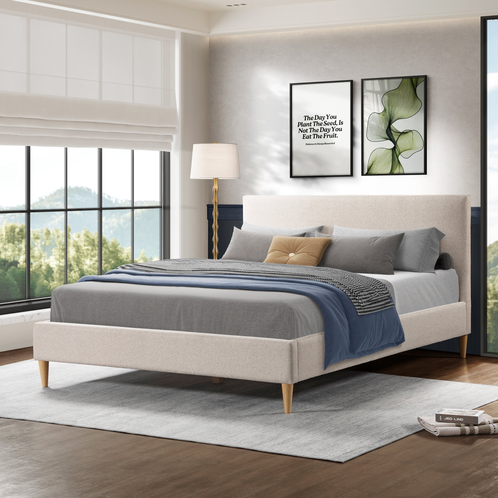 Nova Boucle Platform Bed, King, Beige Boucle