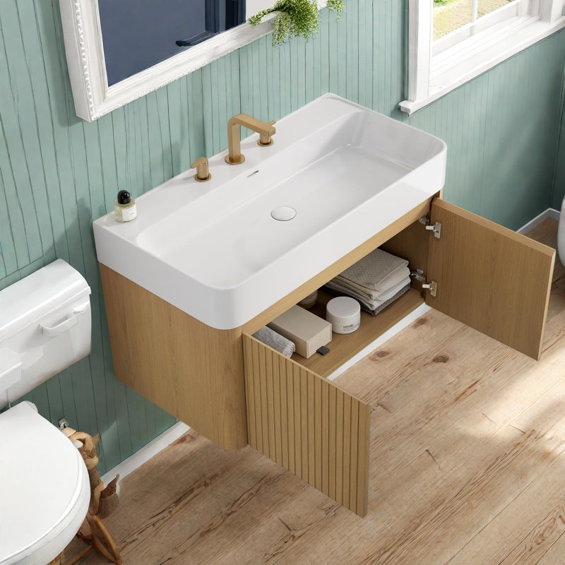 Meuble-lavabo suspendu de 91 cm avec lavabo, en contreplaqué, rangement moderne pour salle de bain, 35.43