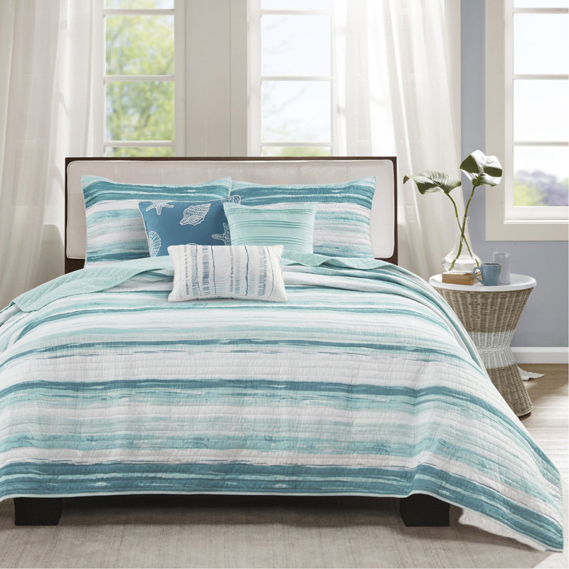 Ensemble de courtepointe 6 pièces avec coussins décoratifs turquoise, Courtepointe double / grand + 5 pièces supplémen