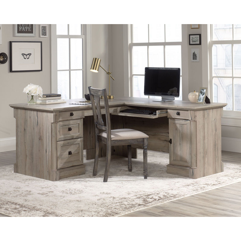 Split Oak L-Shaped Computer Desk with Drawers and Keyboard Tray