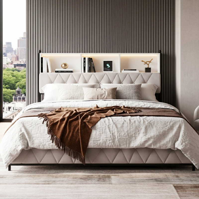Upholstered Velvet Drawers Bed, Kingsize (5')