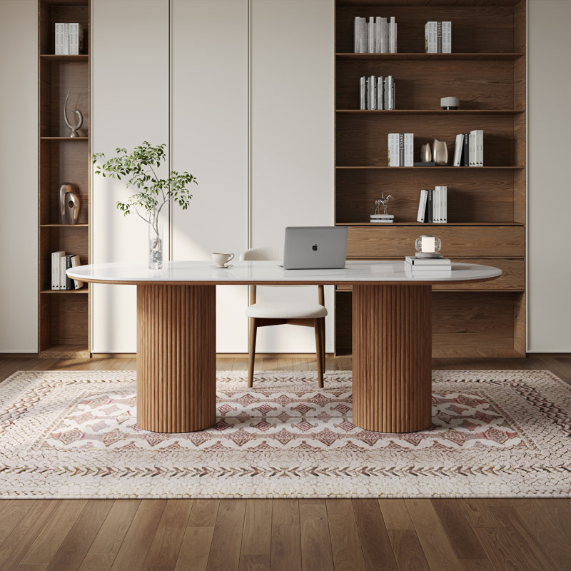 Bureau 71 po ovale moderne, plateau de table en faux marbre brillant, pieds doubles en bois, Blanc / Brun