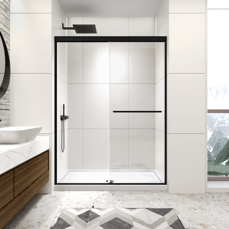 Porte de douche double avec cadre 50 x 54 po x H 70 po avec porte en verre trempé transparent de 1/4 po (6 mm), 2 barres à serviettes pour salle de bain, portes de douche à finition noir mat, installation réversible