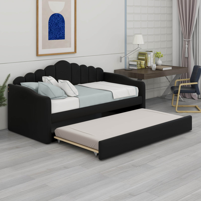 Twin Size Upholstered Daybed With Trundle,Velvet Sofabed With USB & Type-C Charging Ports, Side Storage Bag, No Box-Spring Needed