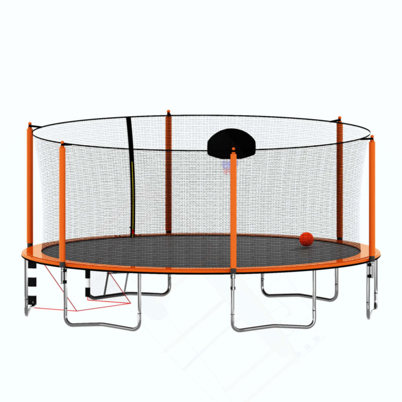 Trampoline avec pompe de basketball et échelle (enceinte de sécurité intérieure) avec but de soccer, Orange