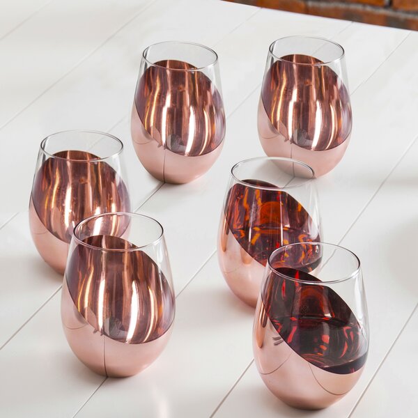 Set of 4, 14 oz Tilted Matte Black and Gold Tone Plated Round Stemmed Wine  Goblet Glasses, Angled Dipped Stemware