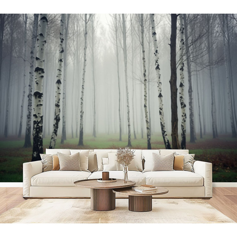 Papier peint adhésif pelez et collez Misty Birch Forest Landscape White Bark Trees Atmosphere, L 96 po x l 69 po