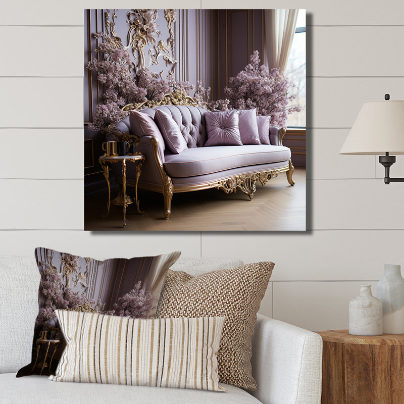 Canapé lilas orné d'accents dorés I - lilas, art mural large, H 36 po x l 36 po x P 1,5 po, Toile tendue