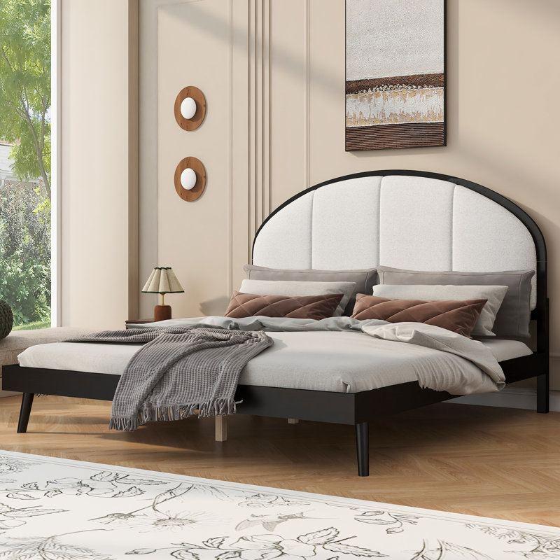 Base de lit tapissier grand format avec tête de lit en lin, bois massif, système de lattes en bois sans sommier, Queen