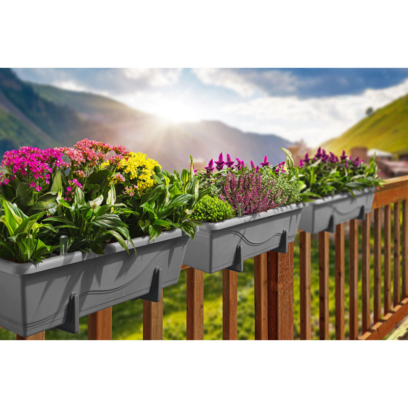 Aashma Self-watering Planters, Troughs, Flower Pots for Balcony Rails, Stone Grey, 17cm H x 39cm W x 20.5cm D, 2