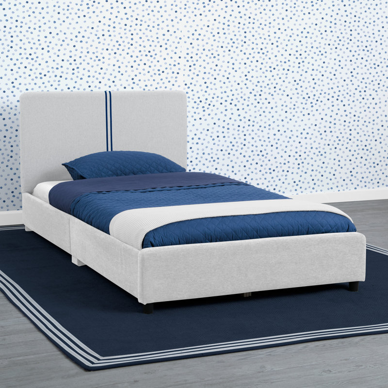 Delta Children Upholstered Twin Size Bed With Headboard, Premium Wood Slat Support, No Box Spring Needed, Easy Assembly, Stripe