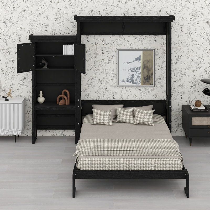 Lit escamotable polyvalent pour chambre d'amis avec tablettes de rangement et décoration élégante à persiennes