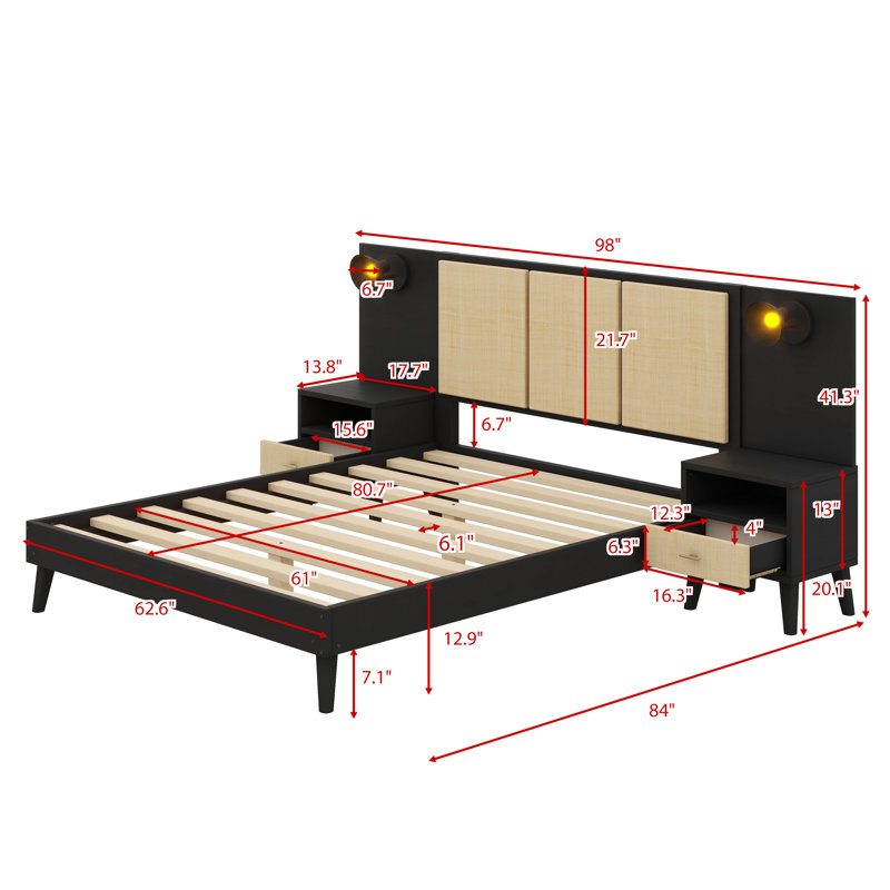 Queen Solid Wood Bed Frame With Matching Nightstands And Lamp-Integrated Design, Black