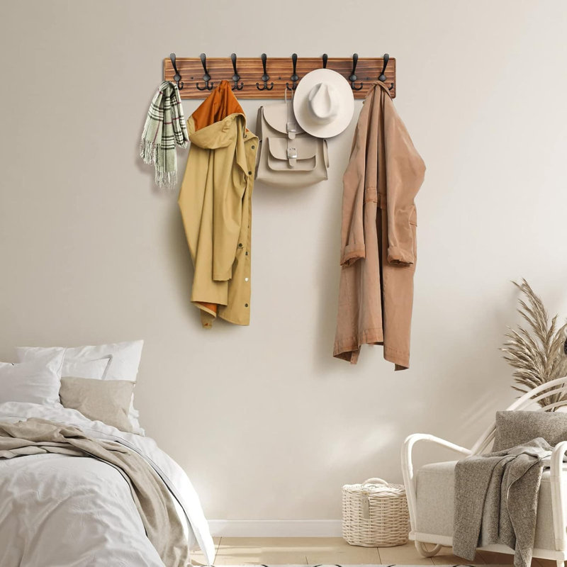Portemanteaux mural robuste avec 8 crochets triples, crochets en bois de pin massif et en alliage de zinc résistants à la rouille pour manteaux, vestes, chapeaux et vêtements