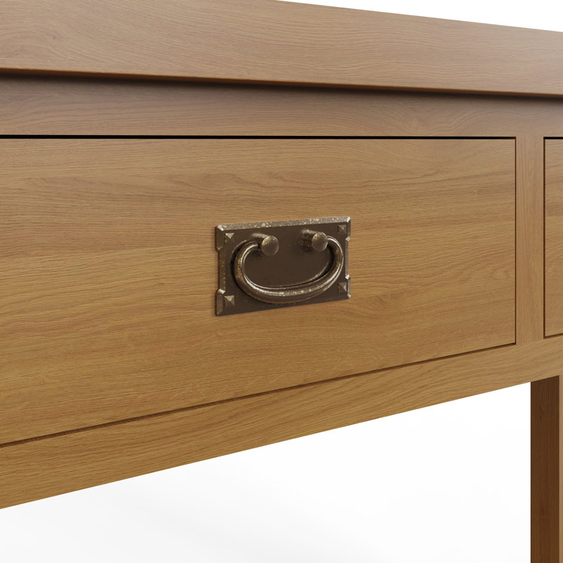 Alzenia 2 Drawer Console Hall Table. 105cm Wide. Solid Oak. Burnished Brass Handles