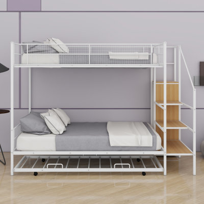 Lit superposé en métal avec lit gigogne, échelle de rangement latérale et garde-robe
