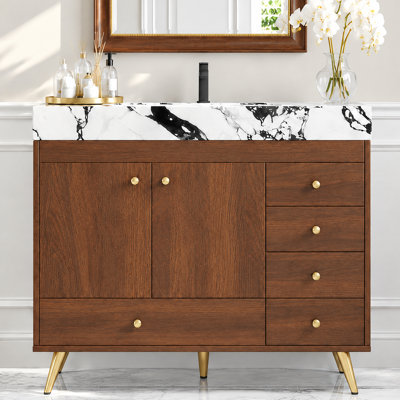 Meuble-lavabo autoportant moderne 36 po avec 1 armoire et 5 tiroirs, comptoir en pierre frittée, lavabo en céramique et pieds en acier inoxydable