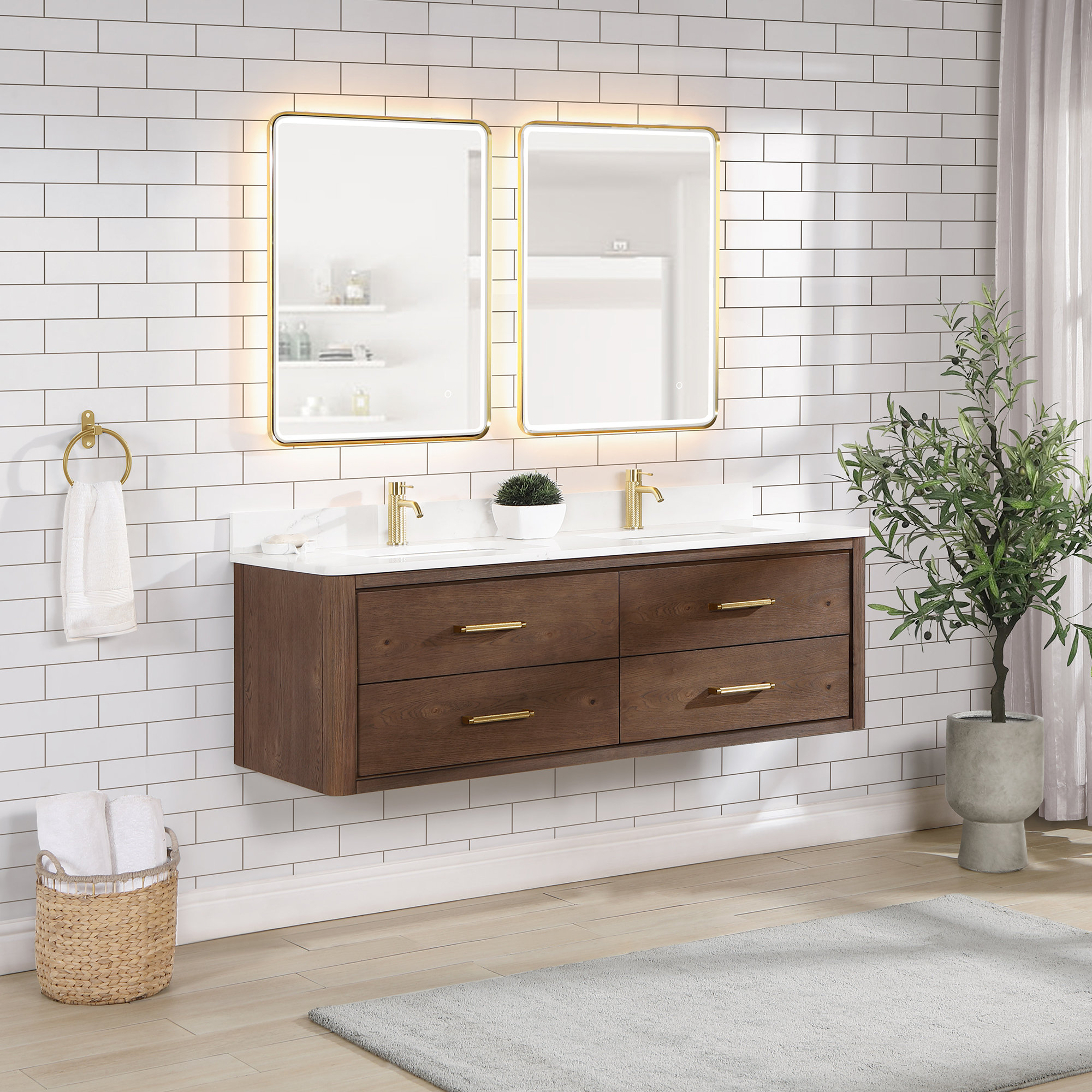 Ebern Designs Zytavious 60'' Wall Mounted Double Bathroom Vanity with Quartz Top with Mirror ...