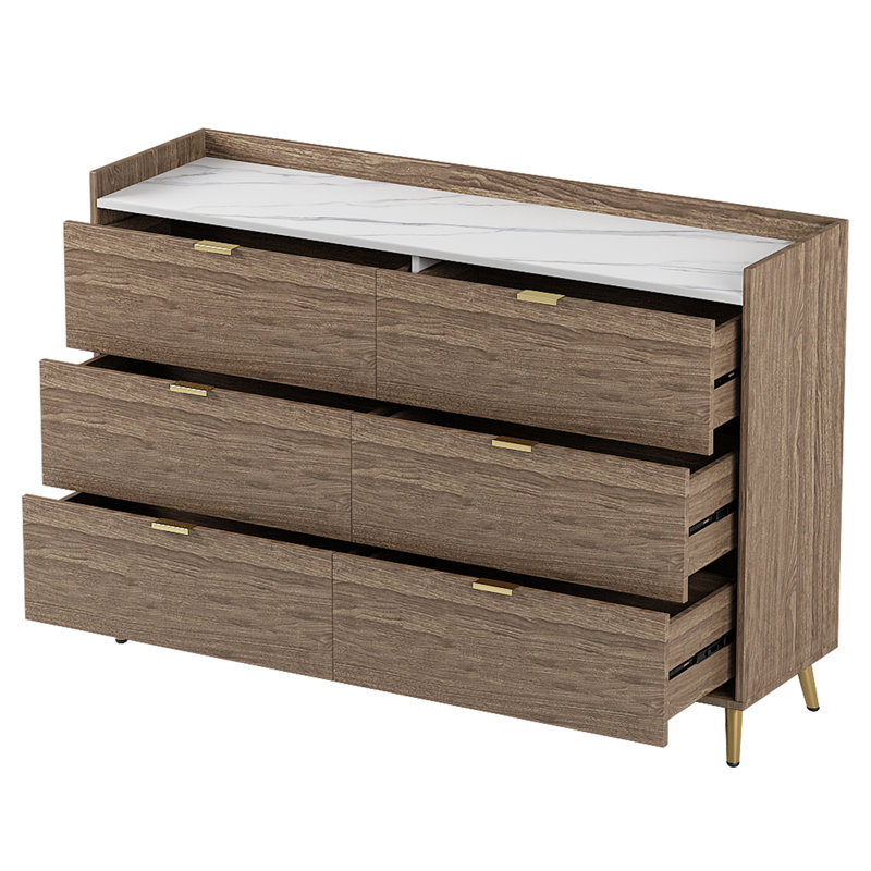 Mordern 6 Drawers Dresser with Metal Leg and Handle for Bedroom, Walnut