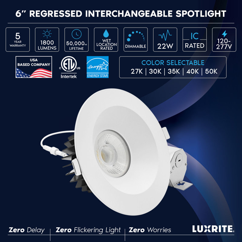 Luminaire encastré à DEL de 6 pouces Luxrit, avec lumière blanche ronde, 22W, 1800LM, 5CCT, faisceau à 38 °, intensité variable, Twist-N-Lock, CRI90, ETL