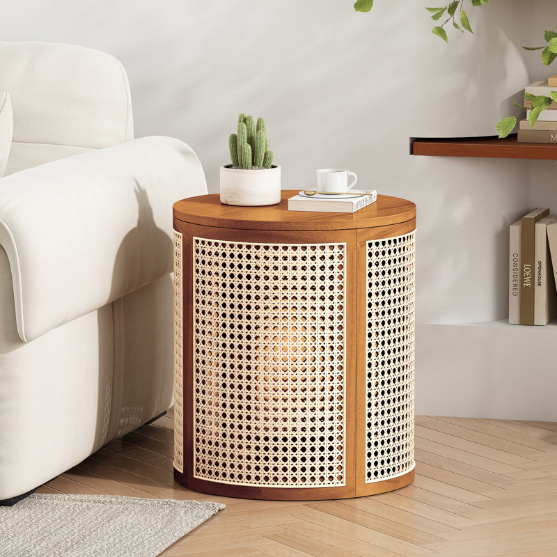 Tadeo Rubberwood & PE Rattan End Table With Circular Top, Ochre
