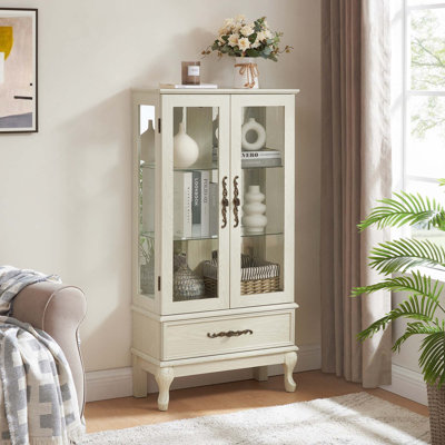 Armoires, vitrine lumineuse en verre avec tablettes réglables, 2 portes et amp; 1 tiroir | Blanc antique | Traditionnel | Panneau de fibres à densité moyenne + verre