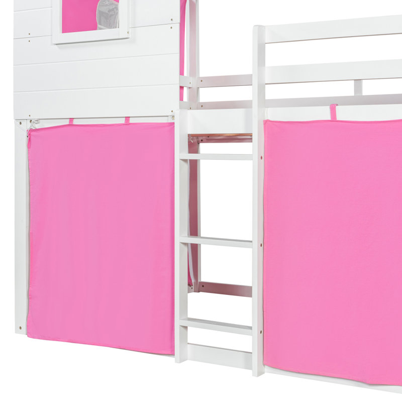 Lit double superposé en bois avec tente, rose et blanc (ANCIEN SKU: LT000380AAH), Lit double, Rose