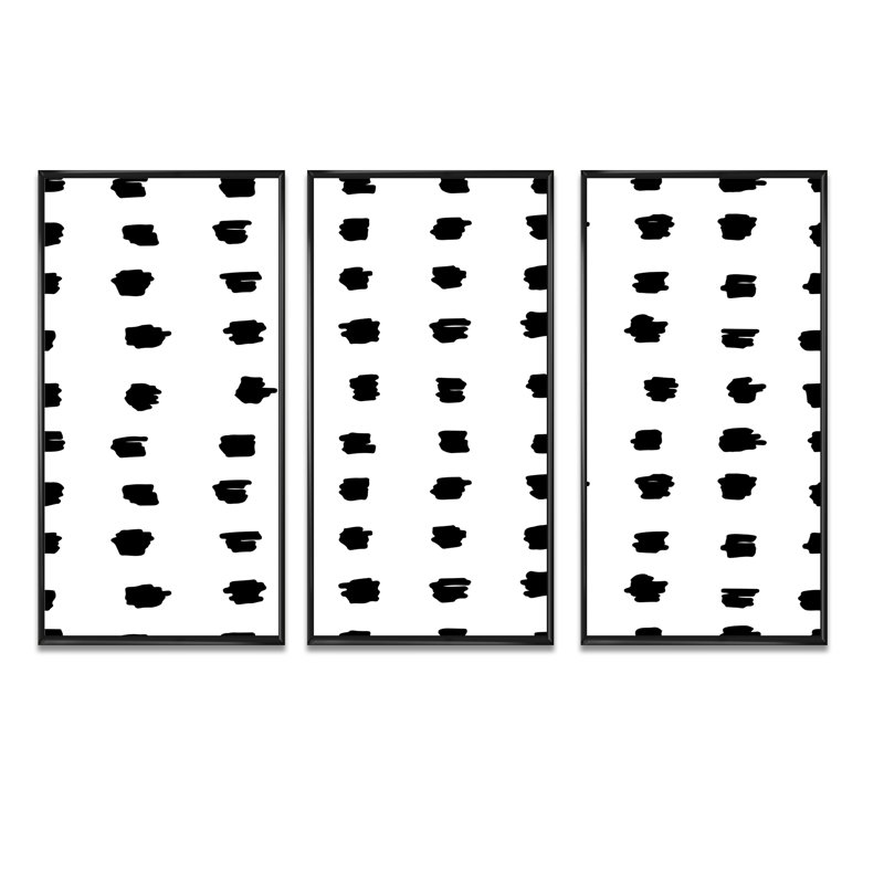 Motif géométrique de pois noirs sur fond blanc - ensemble de 3 toiles encadrées, Noir, H 28 po x l 36 po x P 1 po