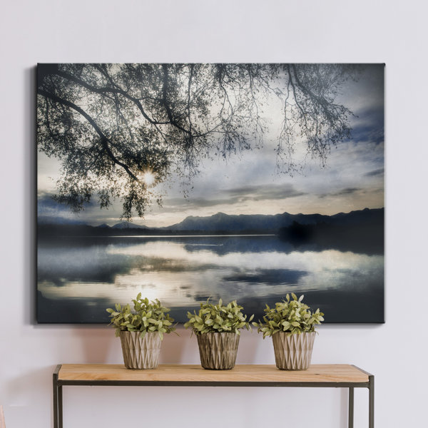 Designart 'Dark Sky Over Crystal Clear Lake' Extra Large Landscape Framed Canvas Art Print - 20 in. Wide x 12 in. High