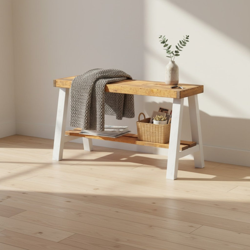 Banc de rangement en bois massif Minoo, Brun clair / jaune
