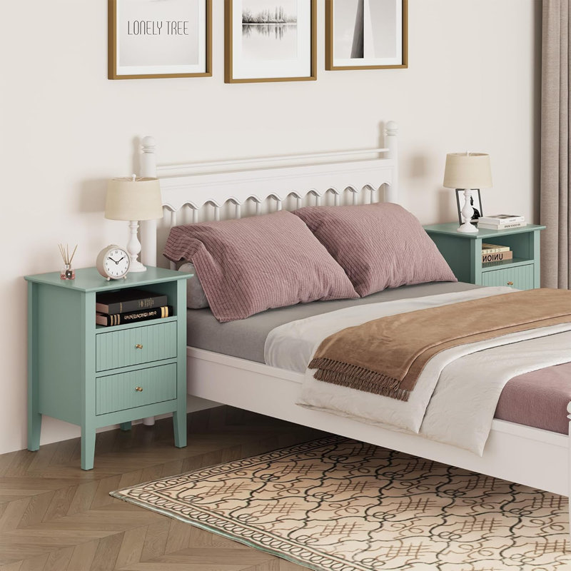 Ensemble de 2 tables de chevet cannelées à 2 tiroirs, table de bout verte moderne avec rangement spacieux et design élégant