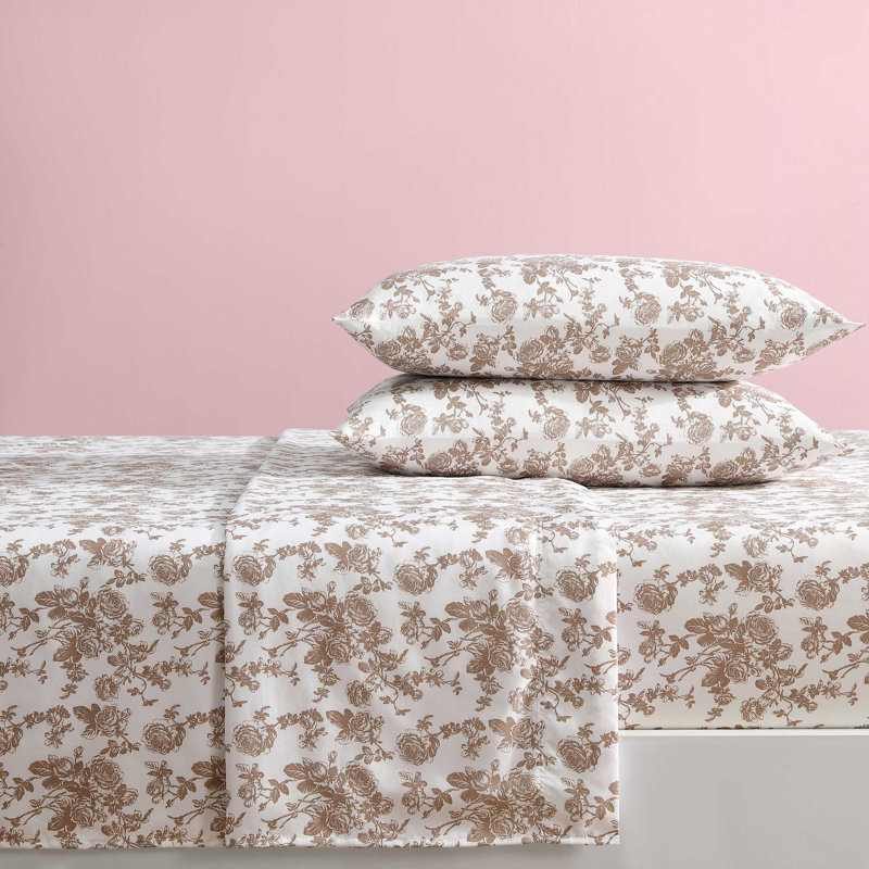 Betsey Johnson Printed Novelty Sheet Sets, Queen Sheet Set with 2 Standard Pillowcases, Garden Toile Brown