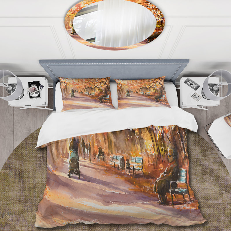 Road In The Park In Sunny Autumn Day - Ensemble de housse de couette Country - Microfibre de polyester