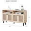 Meuble télé de style Mid-Century moderne avec finition ronde en bois noir et naturel, métal d'ingénierie, convenant au support de salon principal, 16 pouces de profondeur
