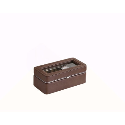 8" Long Tempered Glass and Leather 4-Slot Watch Display Case, Brown