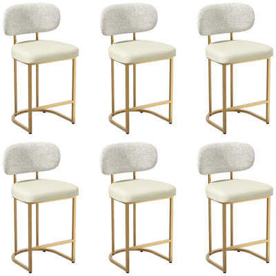 Ensemble de 6 tabourets de bar à hauteur de comptoir, tabourets de bar à dossier arrondi et structure en métal doré, tabourets d'îlot de cuisine modernes avec repose-pieds pour salle à manger, bar pour le petit déjeuner, beige