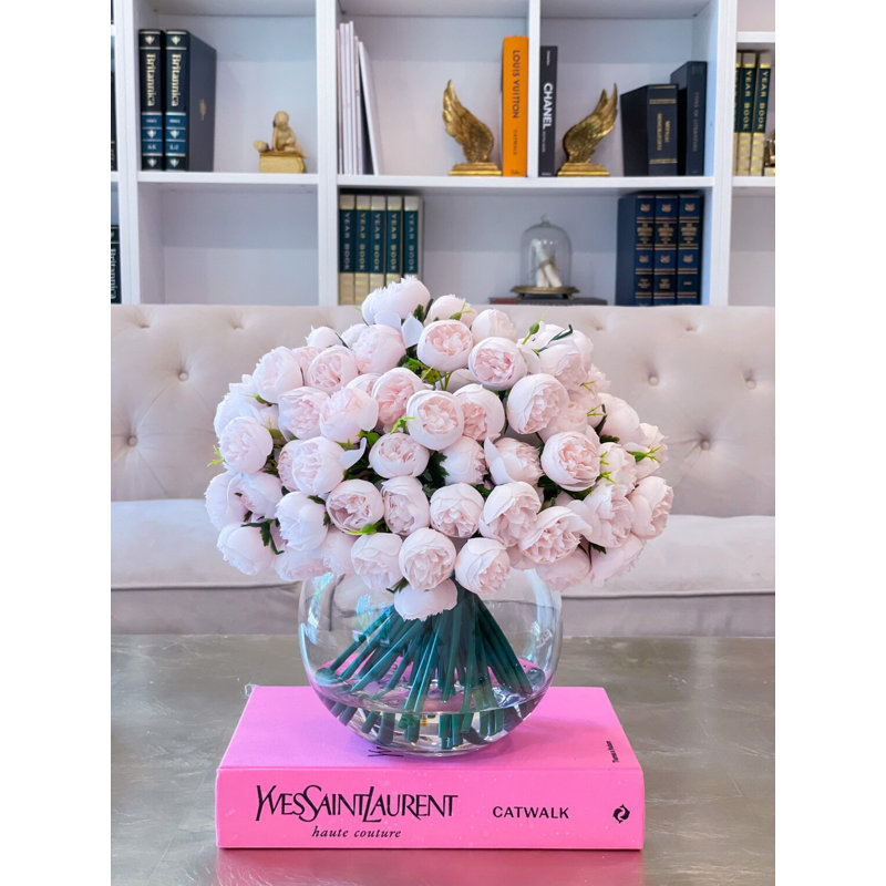 Blush Pink Peony Silk Arrangement In Vase With 189 Small Peonies, Pink
