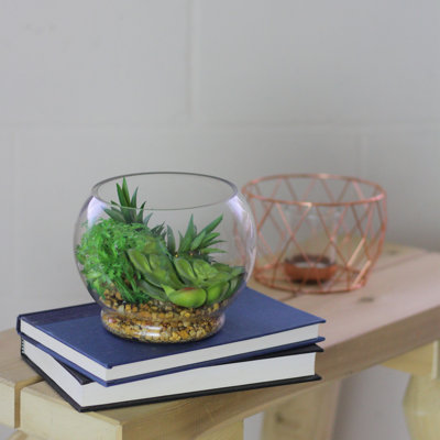 4.75" Artificial Succulent Arrangement Glass Terrarium with Pebbles