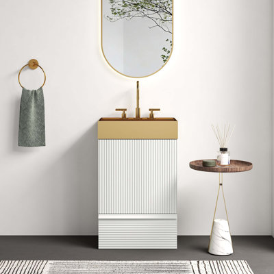 Meuble-lavabo rayé de 20 po avec lavabo vasque en métal doré brossé intégré, armoire de salle de bain autoportante pour salle de bain moderne, lavabo une pièce en métal doré sans robinet
