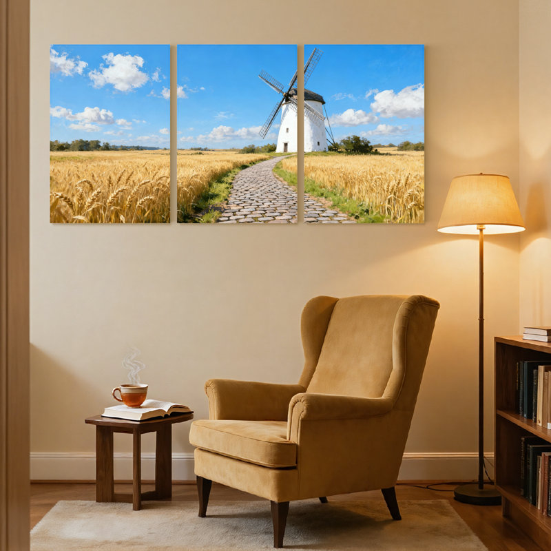 Scénario et paysage urbain, champ de blé, moulin à vent, chemin du ciel, nuages, soleil bleu, ensemble de 3 impressions sur toile