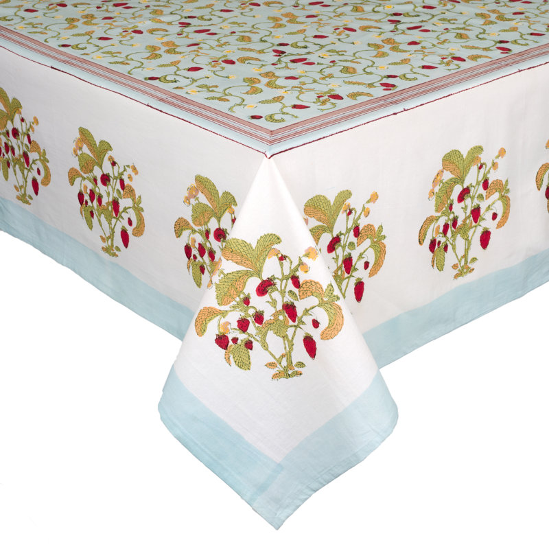 Strawberry Handmade Floral Tablecloth, Blue, 90” Square