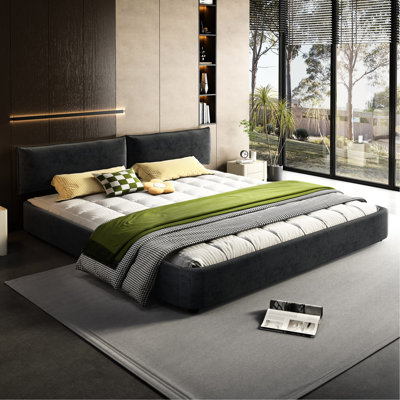 Très grand lit en chenille gris foncé, tête de lit mobile, sans sommier, lattes en métal massif et en bois de pin pour un lit de chambre à coucher avec pieds rembourrés, gris