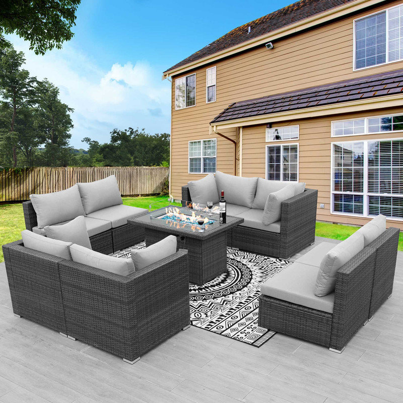 Ensemble de conversation pour patio pour 8 personnes avec table de foyer et coussins, ensemble de conversation modulaire à assise profonde