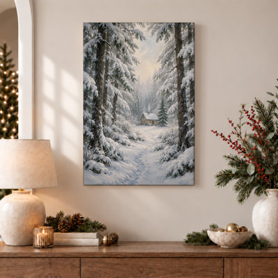 «Winter Cabin in Snowy Pine Forest Landscape», art mural sur toile
