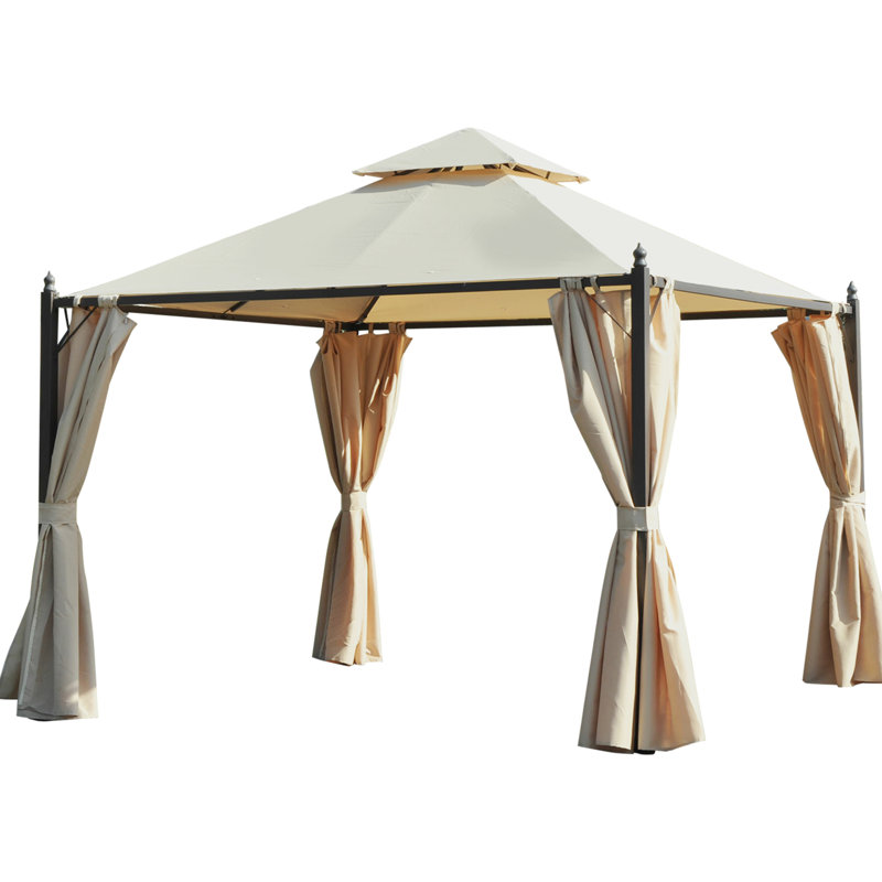 Gazebo de terrasse extérieure de 3 m x 3 m avec structure métallique, écrans d'intimité, grands rideaux en acier et double auvent - 10